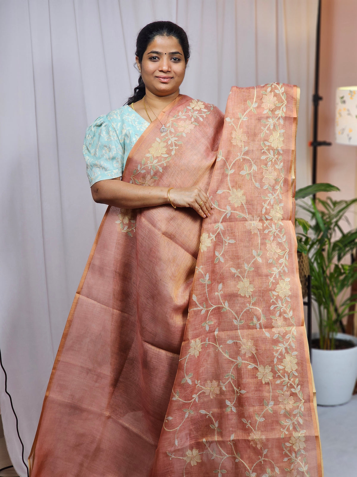 Linen Tissue with Aari Work - Rust Orange