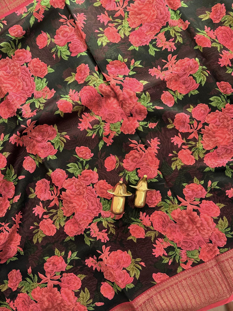 Pure Chanderi Butter Silk - Black with Red