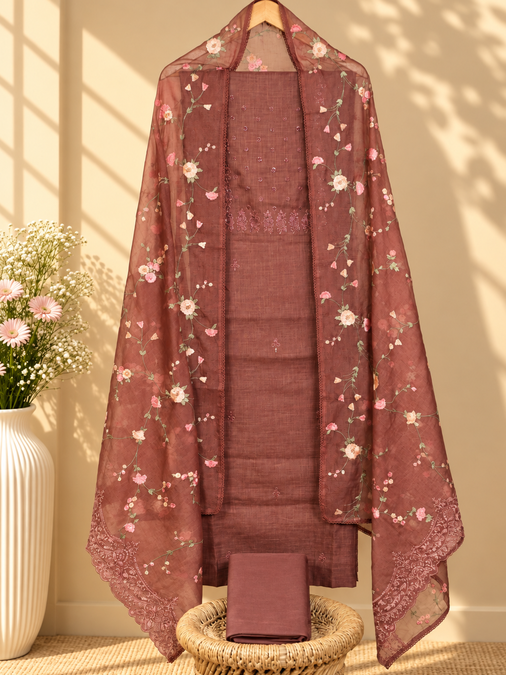 Linen By Linen Beads and Thread Knot Work Unstitched Salwar - Dark Onion Pink