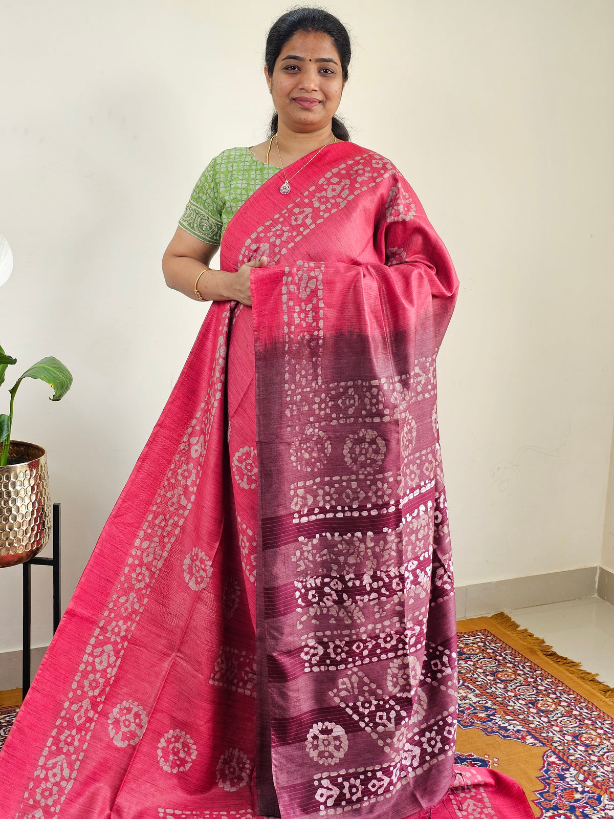 Bhagalpuri with Batik Print - pink with Maroon
