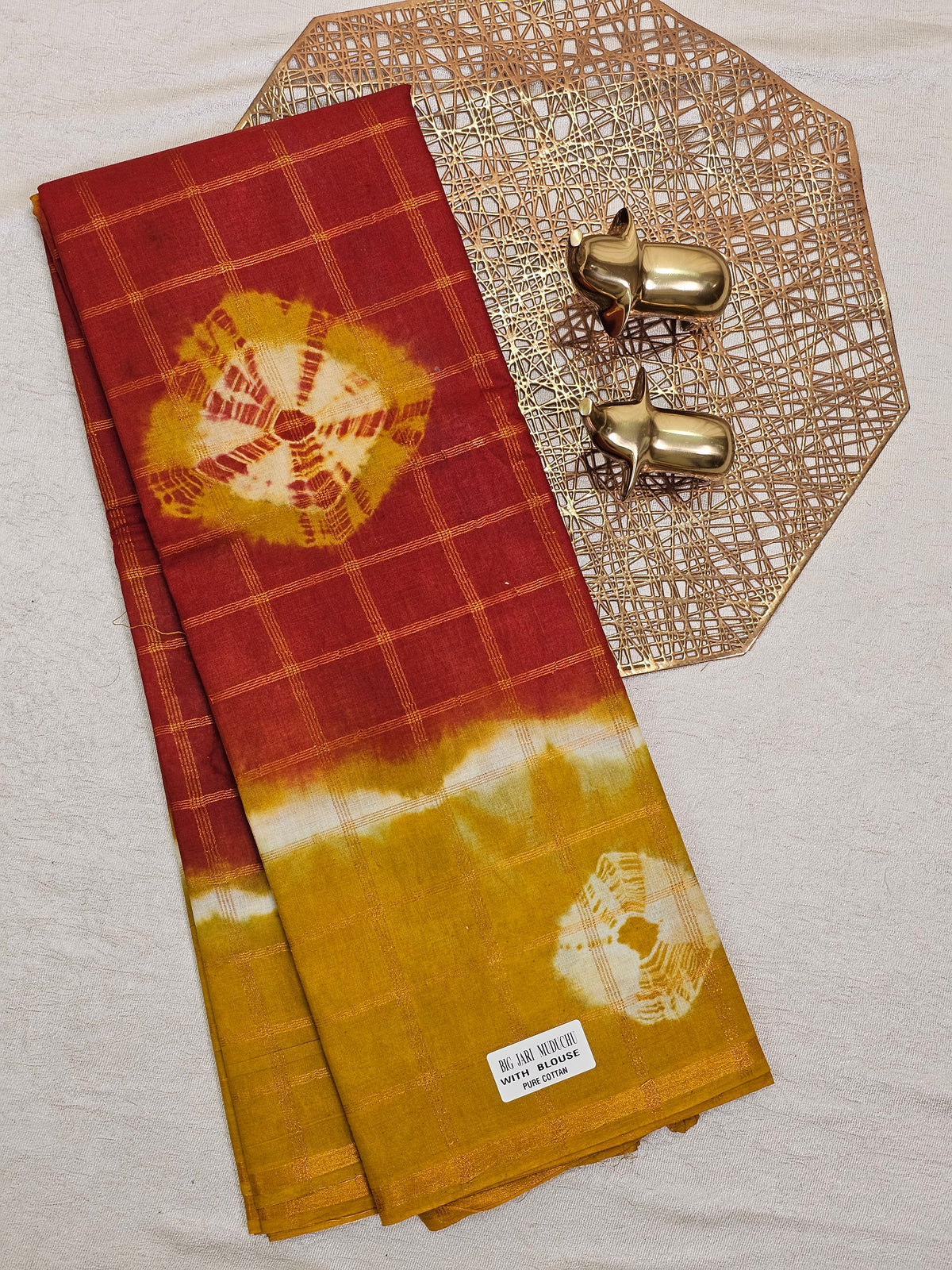 Madurai Sungadi Cotton Checks Saree - Red with Mustard Yellow