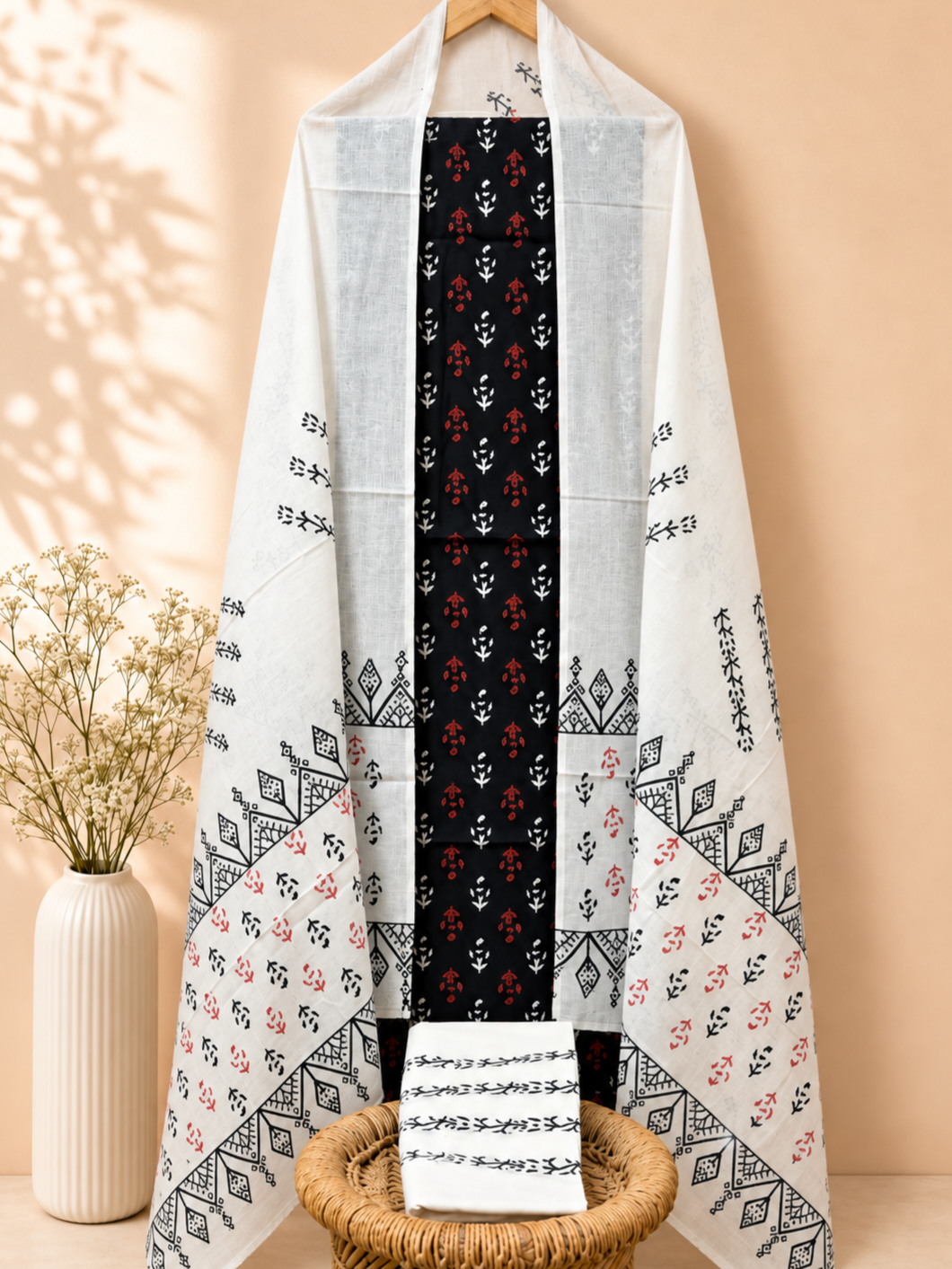 Pure Cotton Unstitched Salwar - Black with White