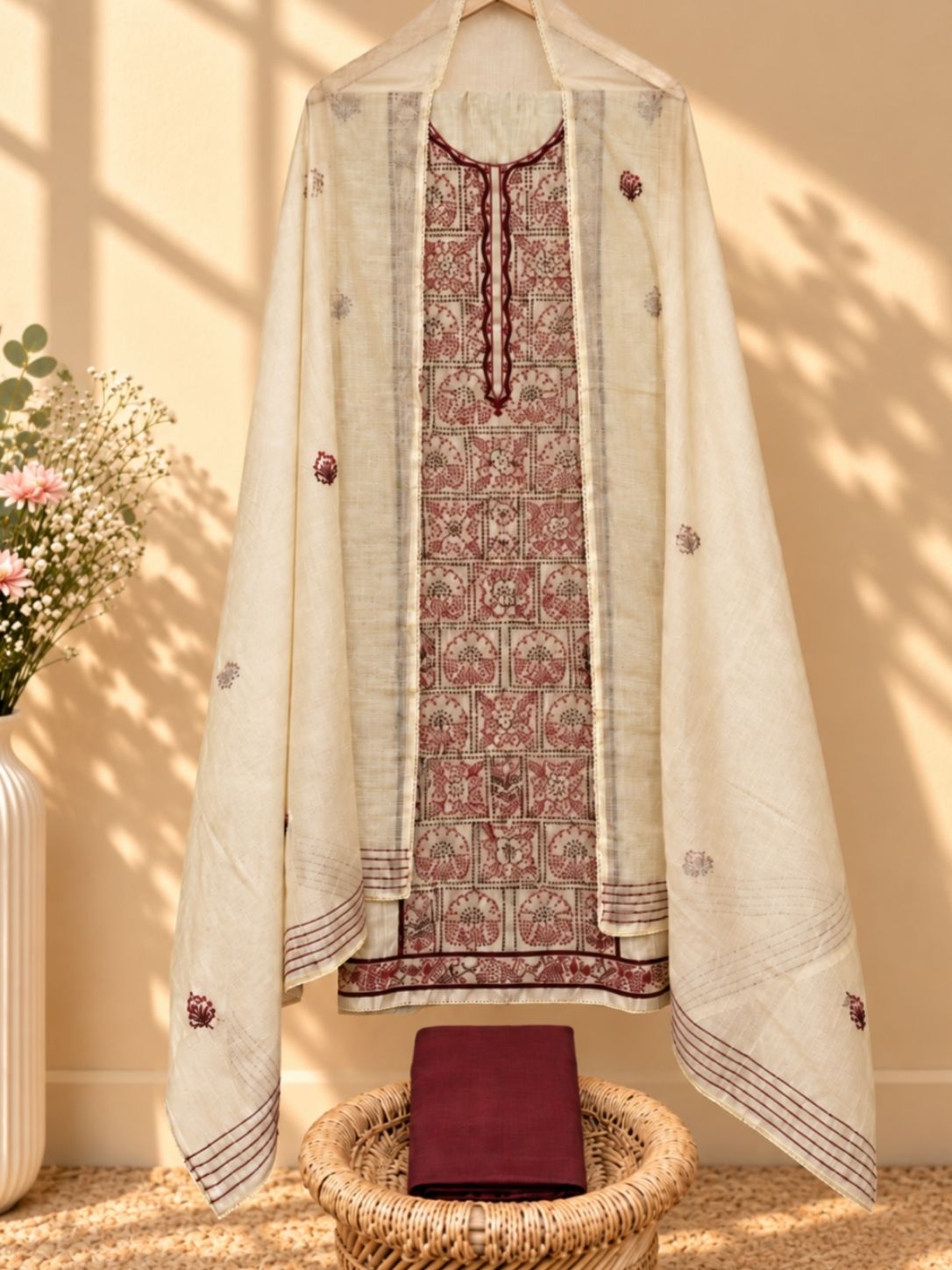 Soft Linen Tissue Unstitched Salwar - Cream with Red