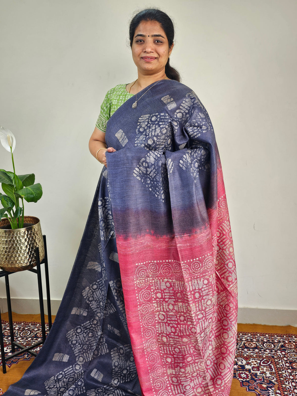 Bhagalpuri with Batik Print - Blue with Red