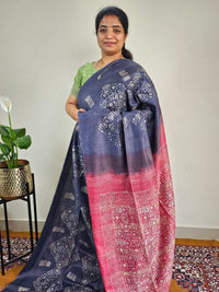 Bhagalpuri with Batik Print - Blue with Red