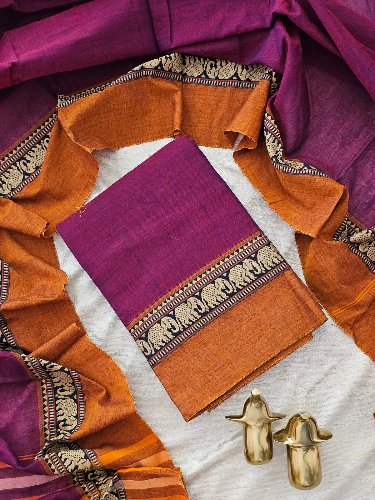 Handloom Narayanpet Cotton Unstitched Salwar- Dark Magenta Pink with Mustard Yellow