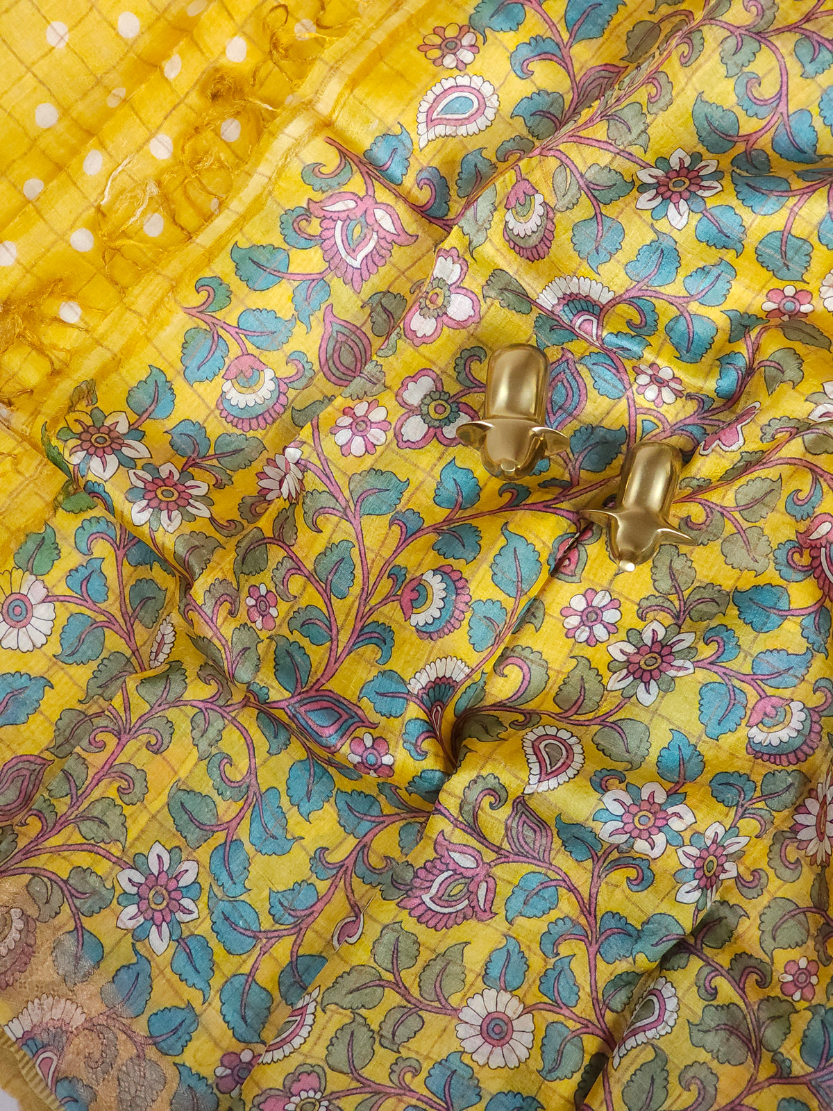 Pure Tussar Checks - Yellow with Sea Green