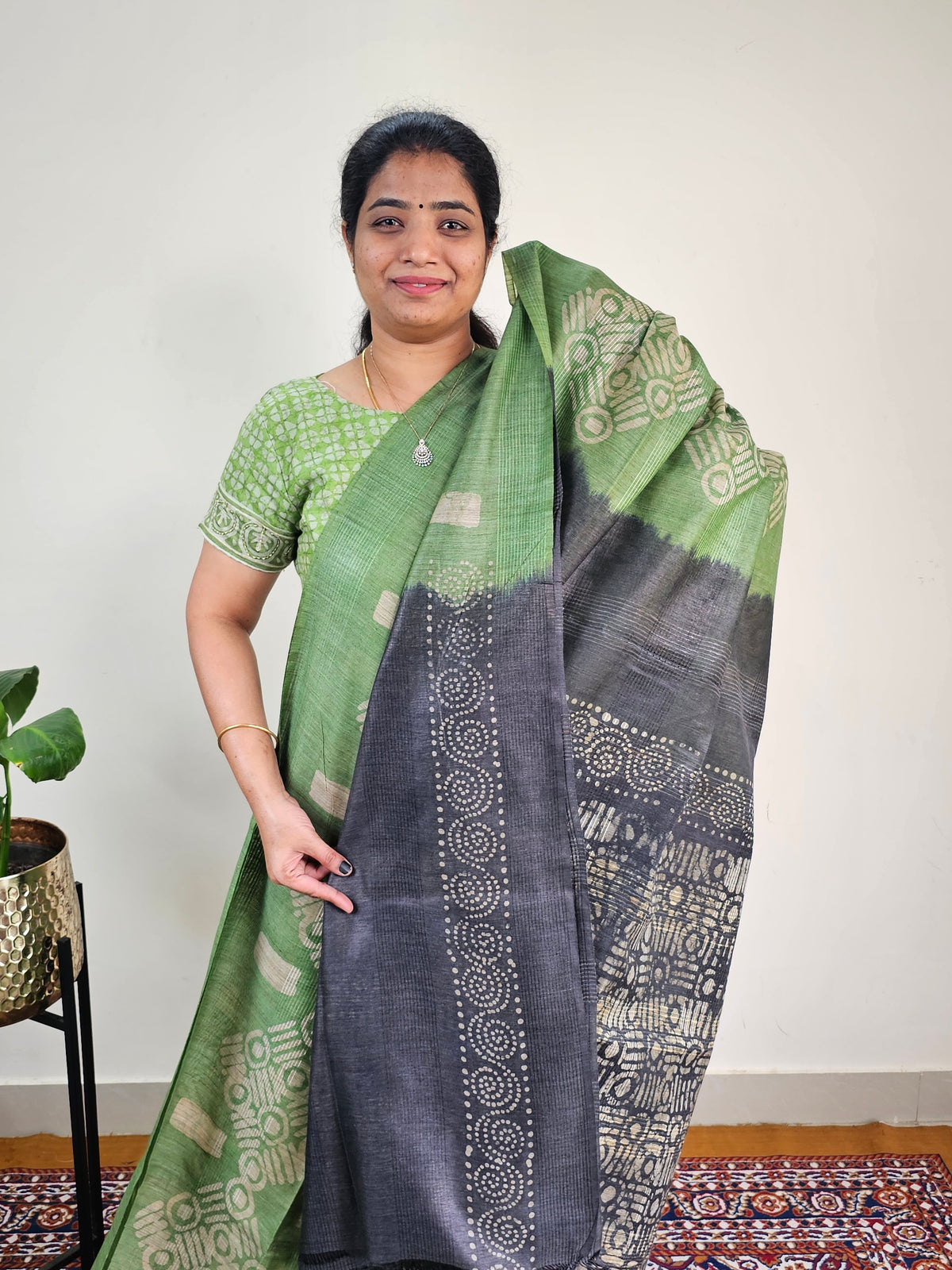 Bhagalpuri with Batik Print - Green with Grey