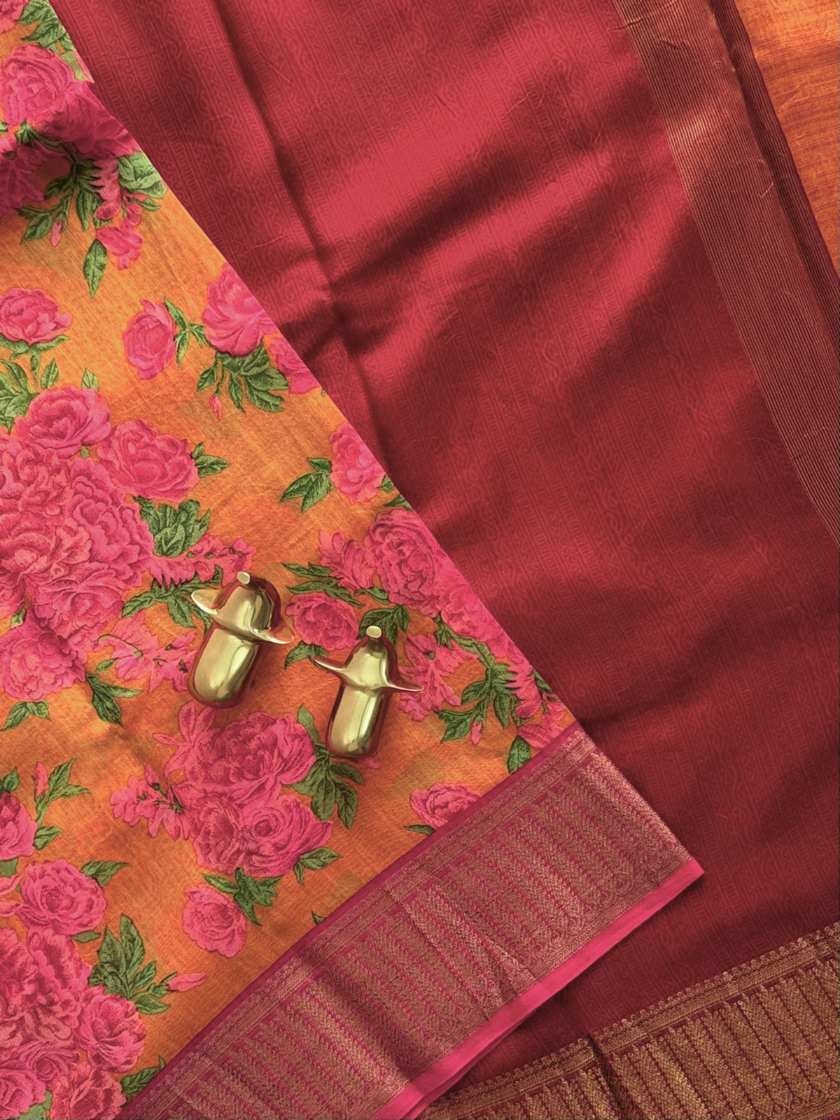 Pure Chanderi Butter Silk - Yellow  with Red