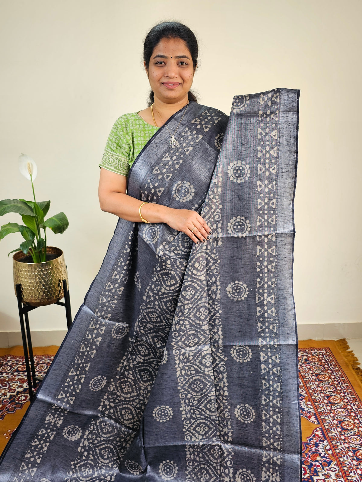 Bhagalpuri with Silver Zari Weaving Batik Print - Grey with Sea Green