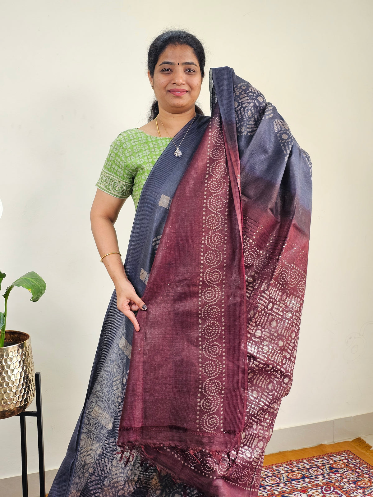 Bhagalpuri with Batik Print - Blue with Maroon