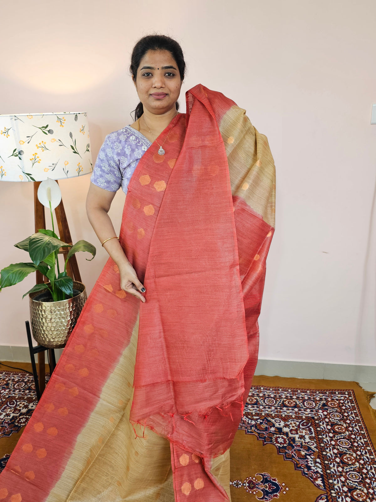 Bhagalpuri Viscous with Zari Weaving Saree - Beige with Red