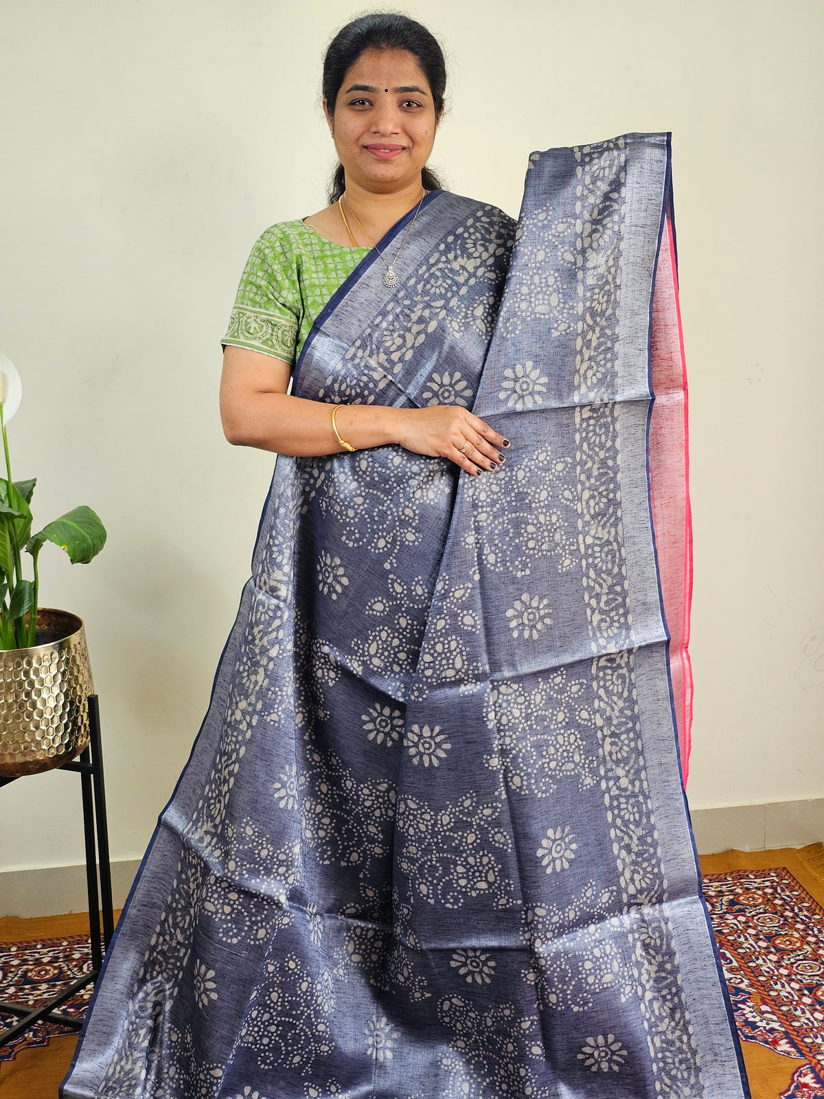 Bhagalpuri with Silver Zari Weaving Batik Print - Blue with Pink