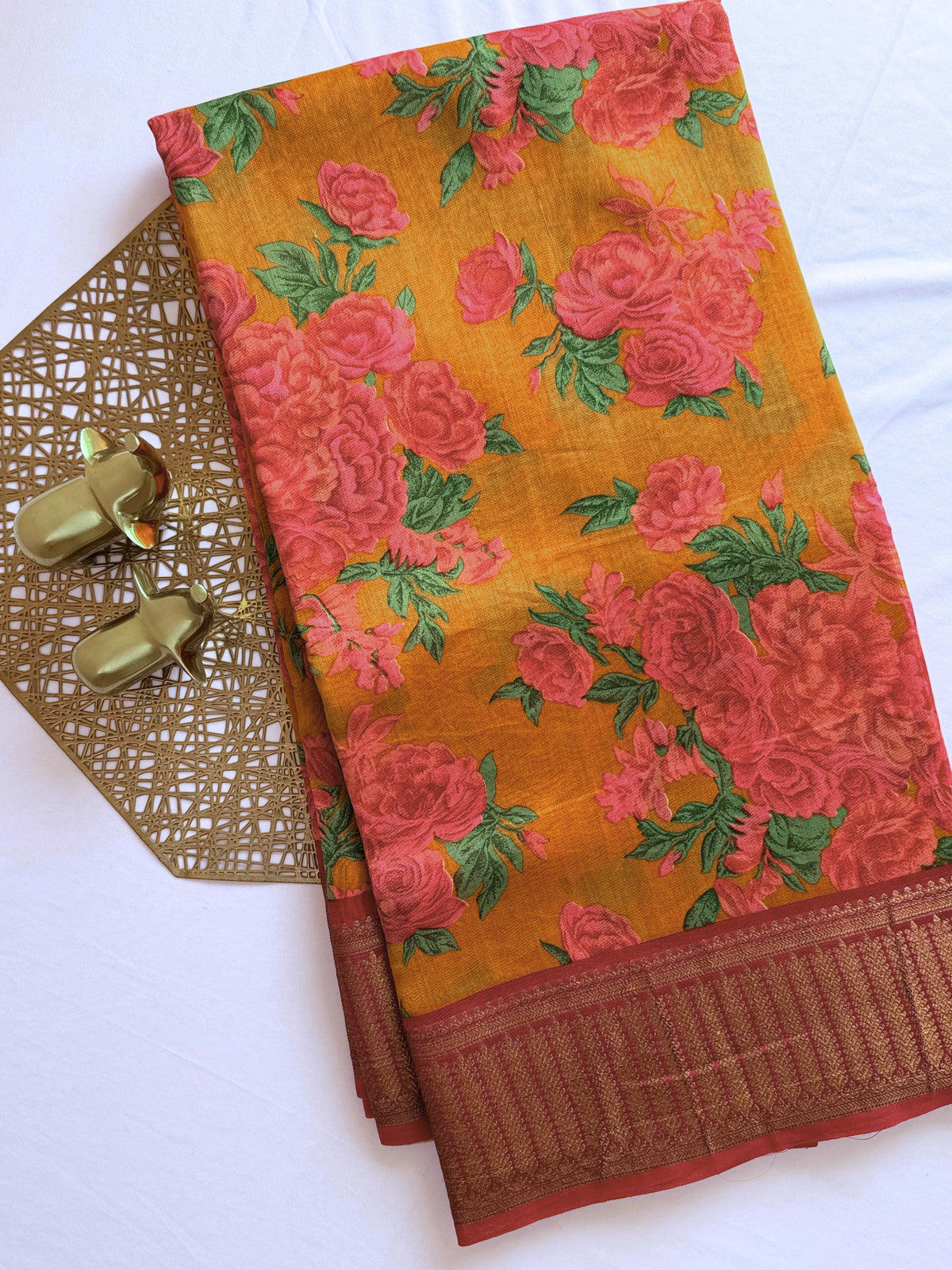 Pure Chanderi Butter Silk - Yellow  with Red