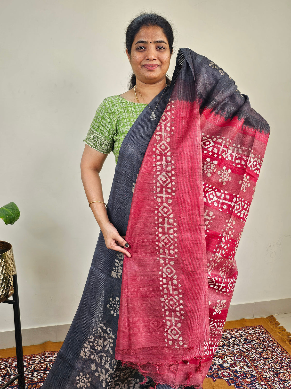 Bhagalpuri with Batik Print - Grey with Maroon