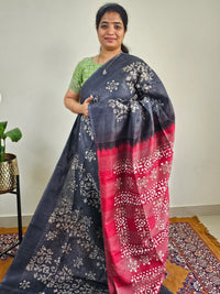 Bhagalpuri with Batik Print - Grey with Maroon
