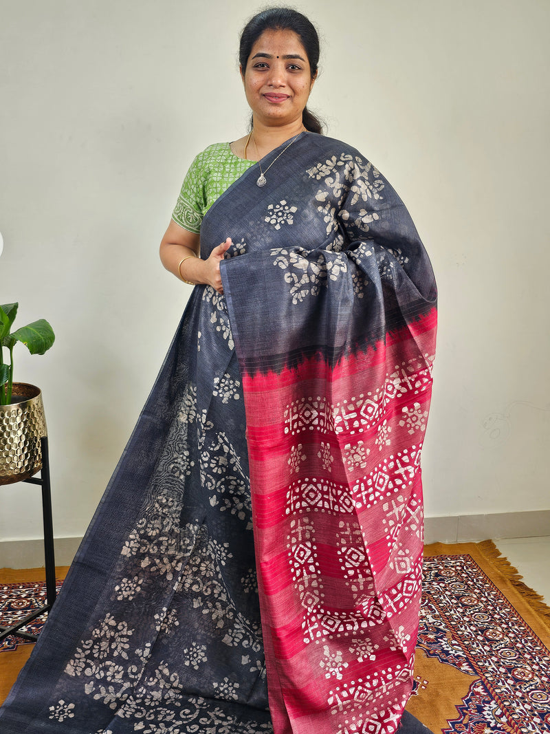 Bhagalpuri with Batik Print - Grey with Maroon