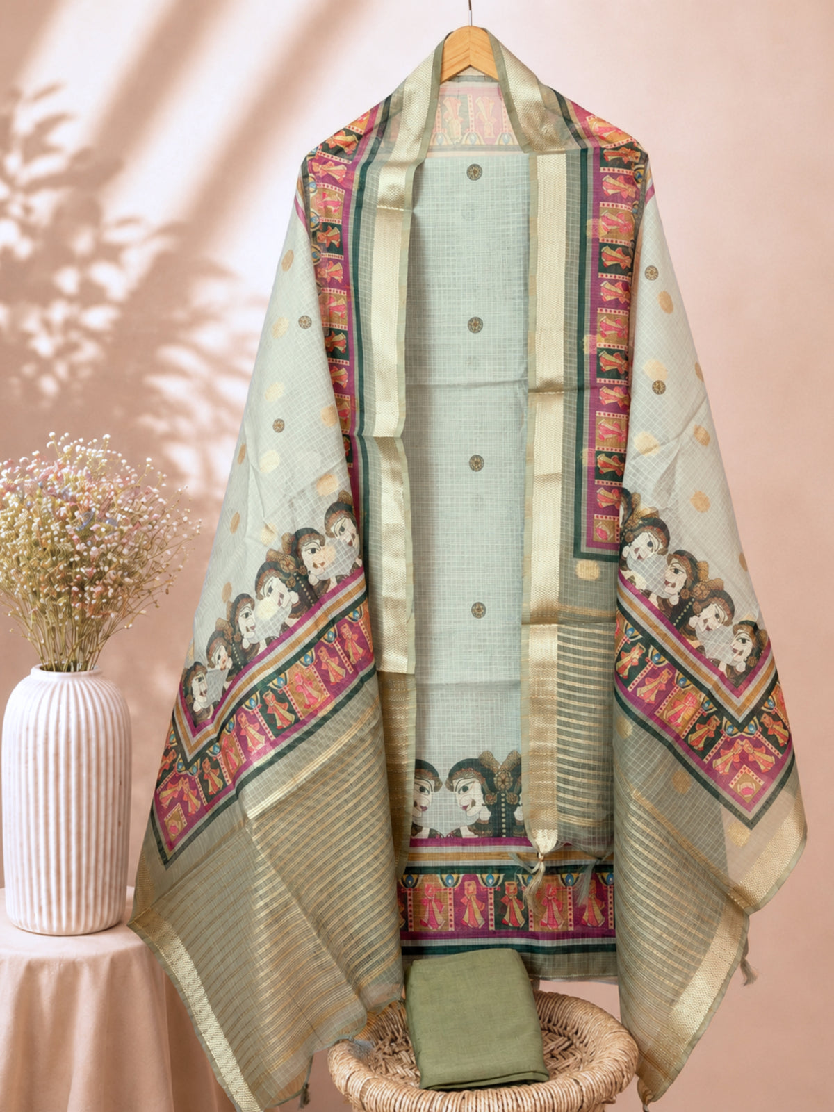 Semi Tussar Kota Weaving Unstitched Salwar  – Green