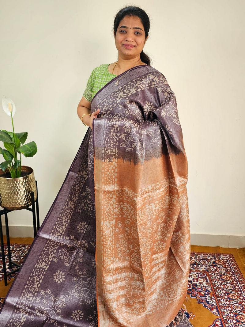 Bhagalpuri with Silver Zari Weaving Batik Print - Brown with Honey Brown