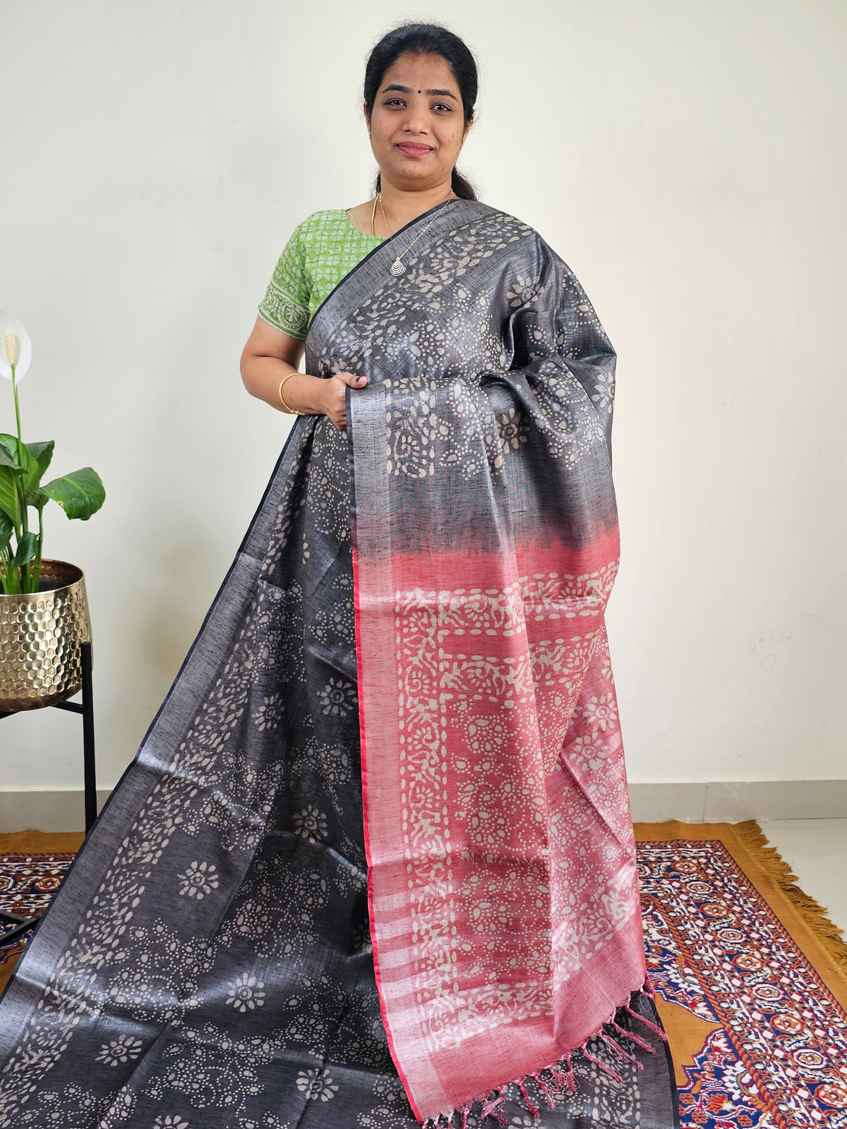 Bhagalpuri with Silver Zari Weaving Batik Print - Grey with  Maroon