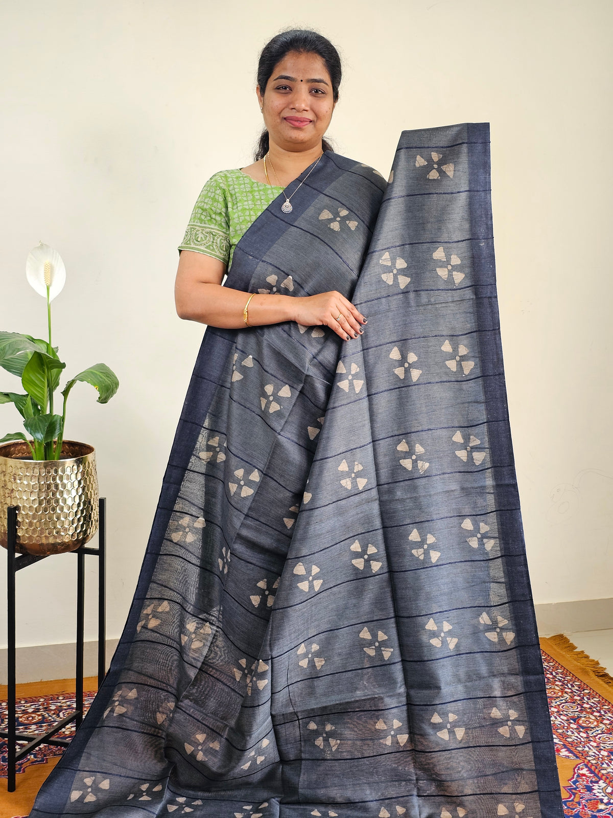 Bhagalpuri with Batik Print - Grey with Sea green