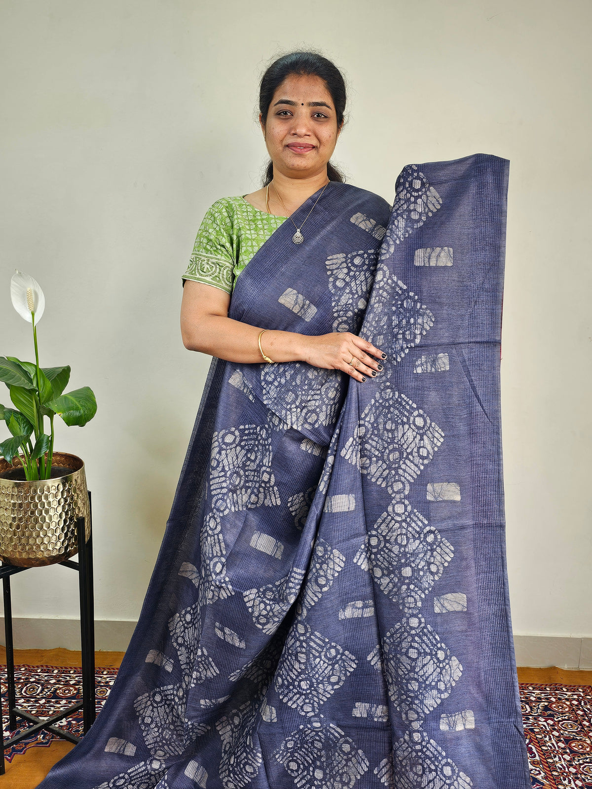 Bhagalpuri with Batik Print - Blue with Red