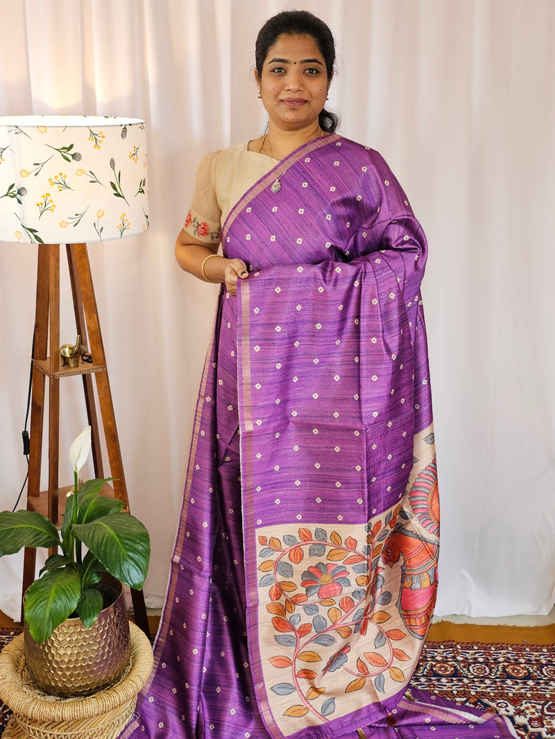 Semi Matka Tussar with Kalamkari - purple