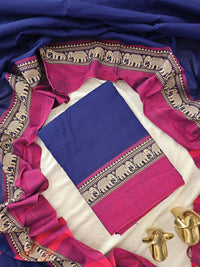 Handloom Narayanpet Cotton Unstitched Salwar- Royal Blue with Magenta Pink