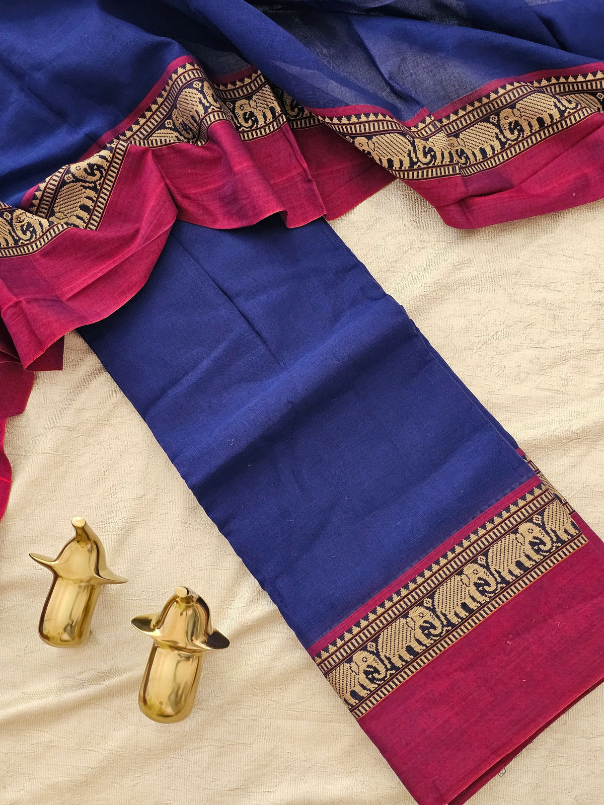 Handloom Narayanpet Cotton Unstitched Salwar- Royal Blue with Magenta Pink