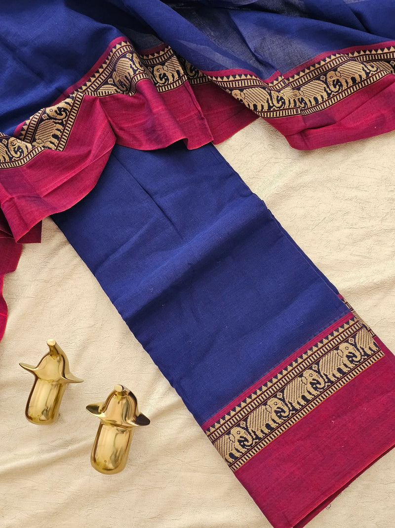 Handloom Narayanpet Cotton Unstitched Salwar- Royal Blue with Magenta Pink