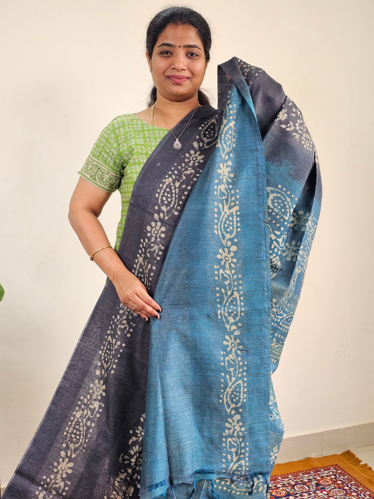 Bhagalpuri with Batik Print -Grey with Sea Green