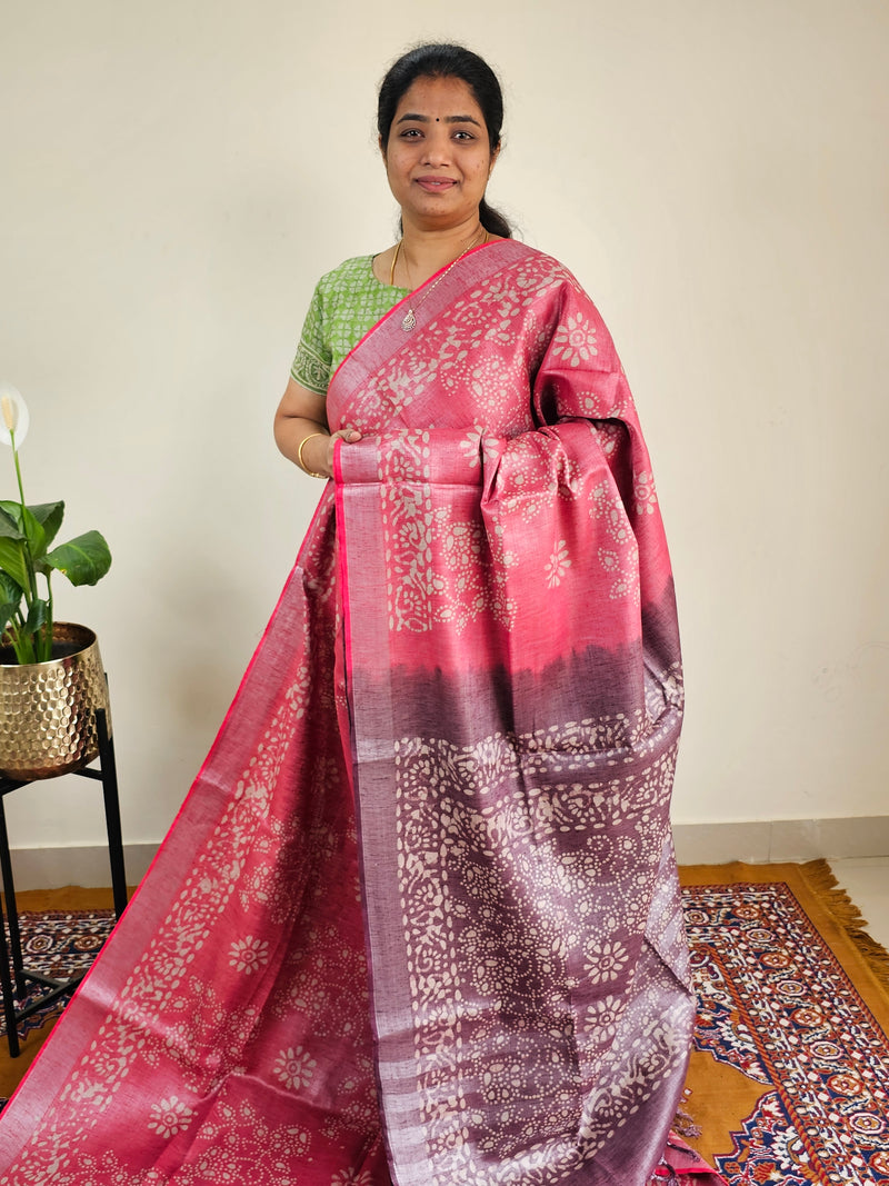 Bhagalpuri with Silver Zari Weaving Batik Print - Pink with Dark Maroon