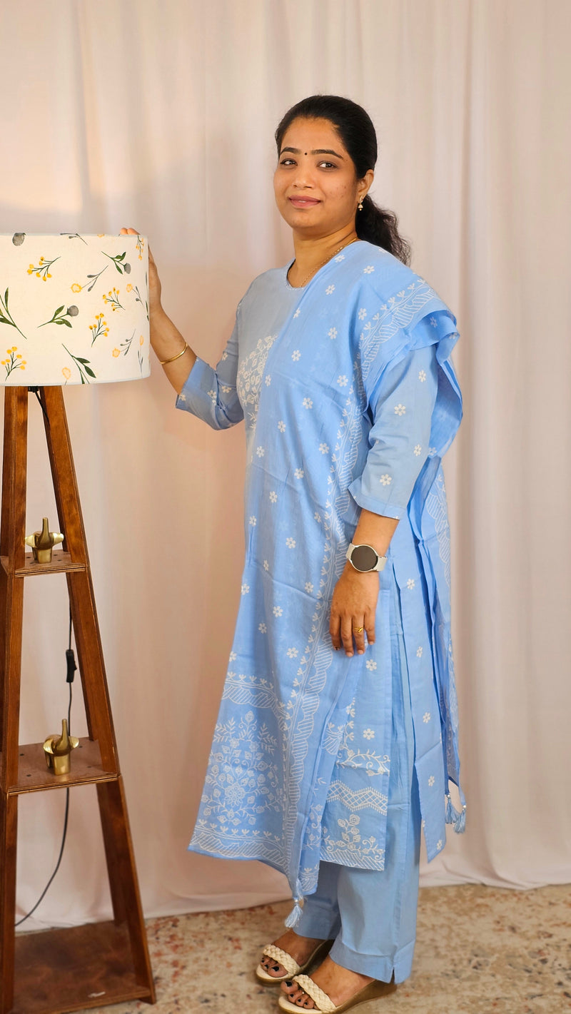 Premium 3 Pcs Mul Cotton Aline kurti with bottom and Dupatta - Blue