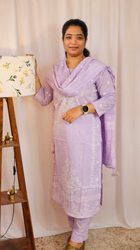 Premium 3 Pcs Mul Cotton Aline kurti with bottom and Dupatta - Lilac