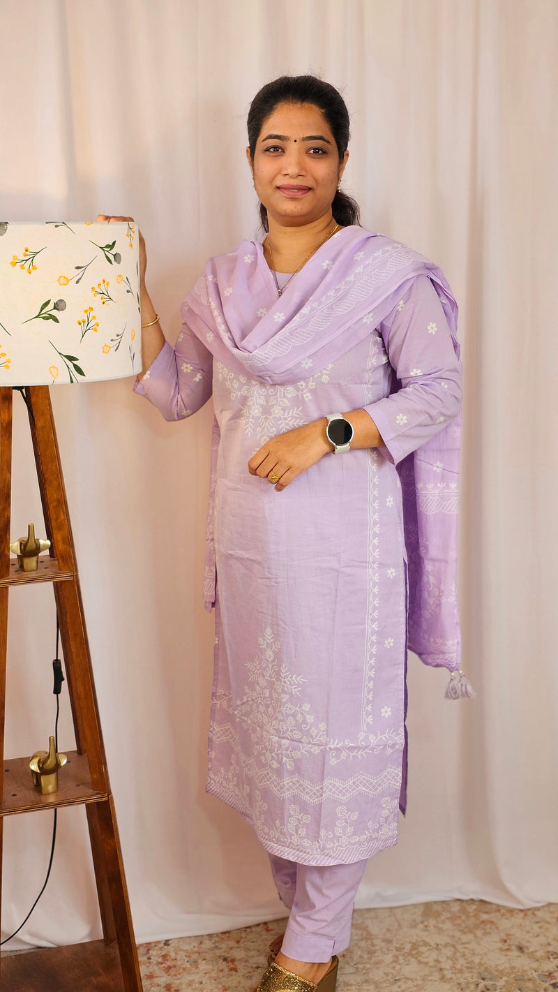 Premium 3 Pcs Mul Cotton Aline kurti with bottom and Dupatta - Lilac