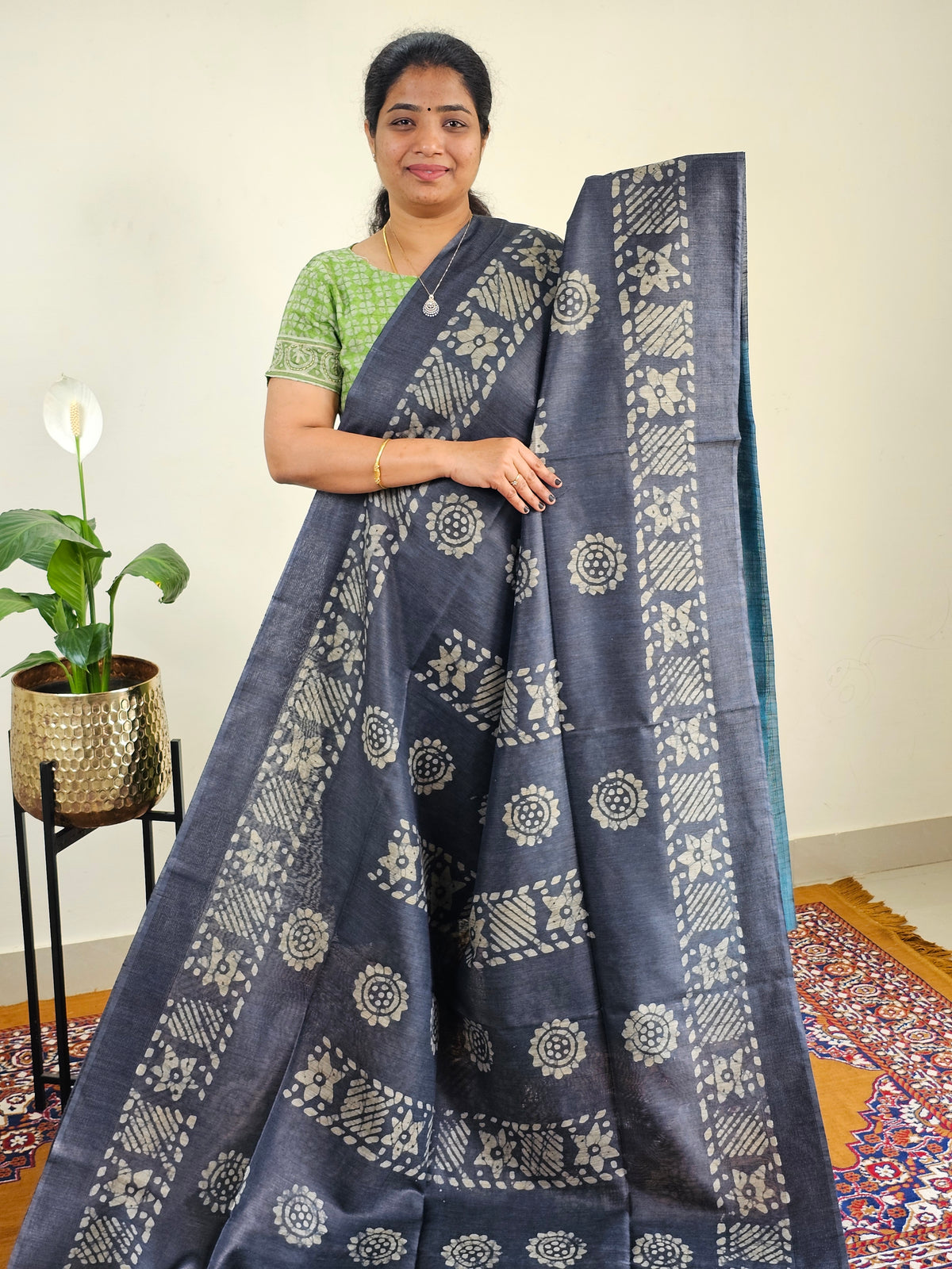 Bhagalpuri with Batik Print - Grey with Sea green