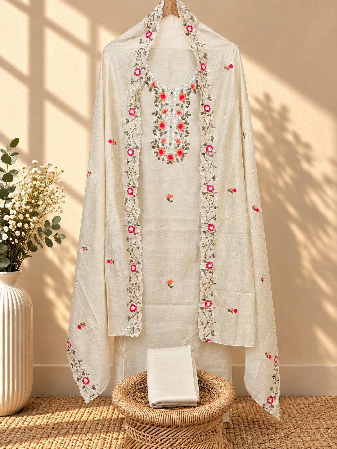Modal Silk Unstitched Salwar Suit - Cream