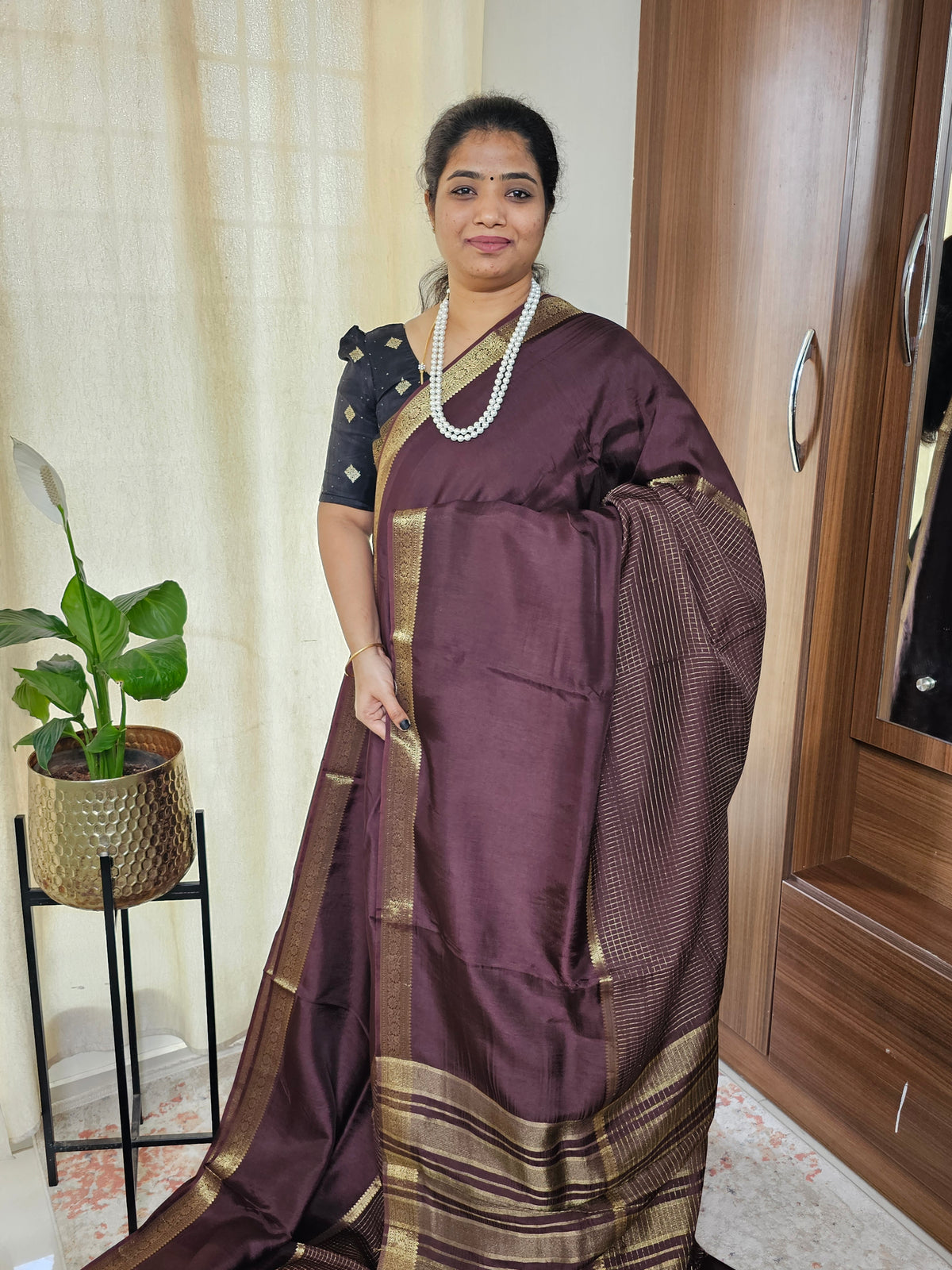 Semi Mysore Crepe Silk Saree - Coffee Brown