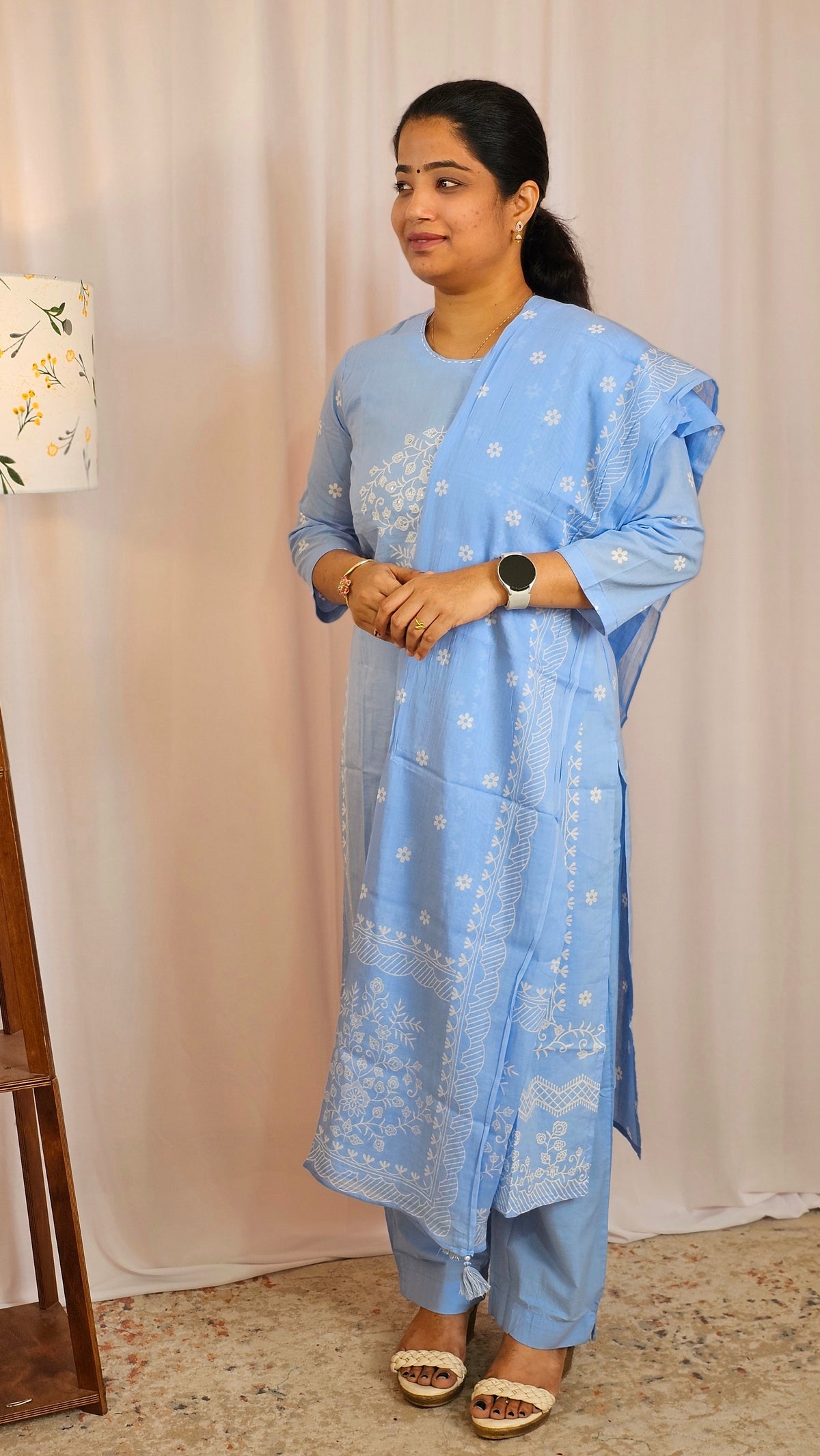 Premium 3 Pcs Mul Cotton Aline kurti with bottom and Dupatta - Blue