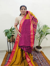 Kalayani Soft Cotton Saree with Borders - Mustard Yellow with Magenta Pink