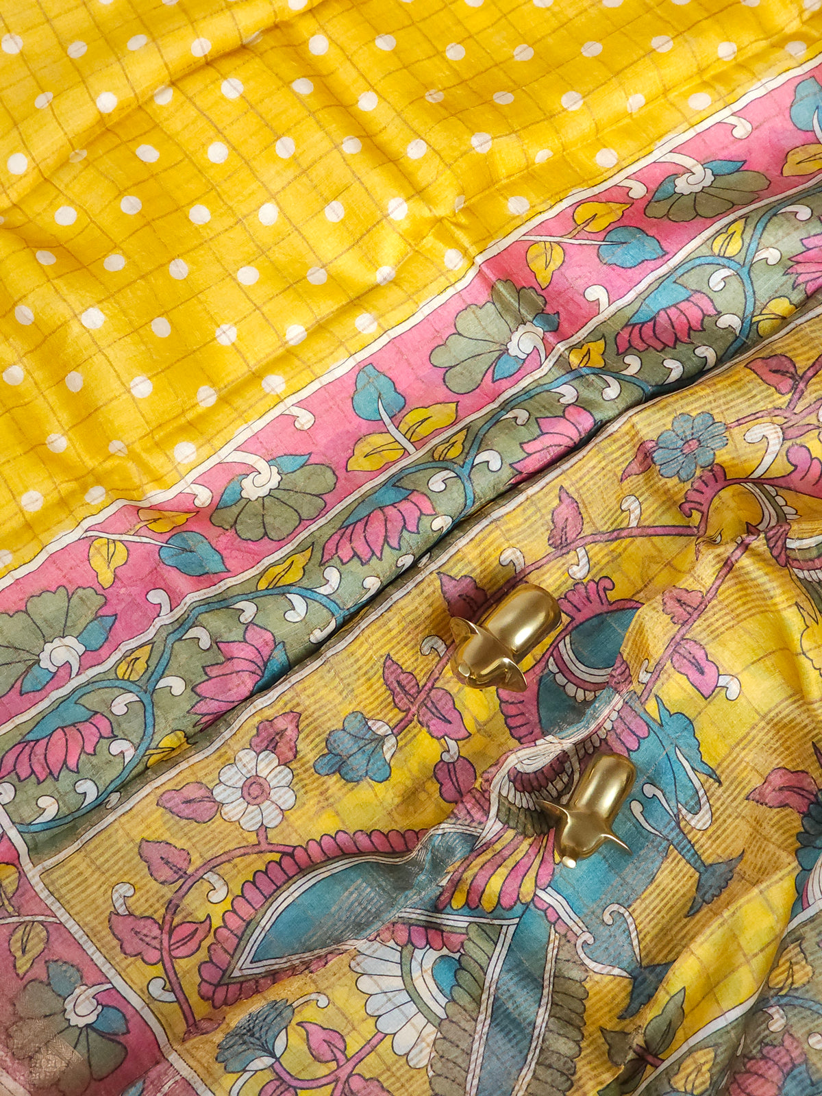 Pure Tussar Checks - Yellow with Sea Green