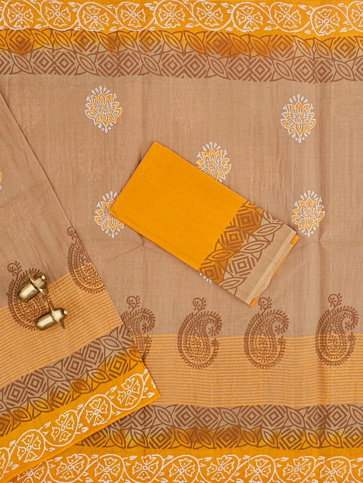 Pure Cotton with Hand Block Prints - Beige with Yellow