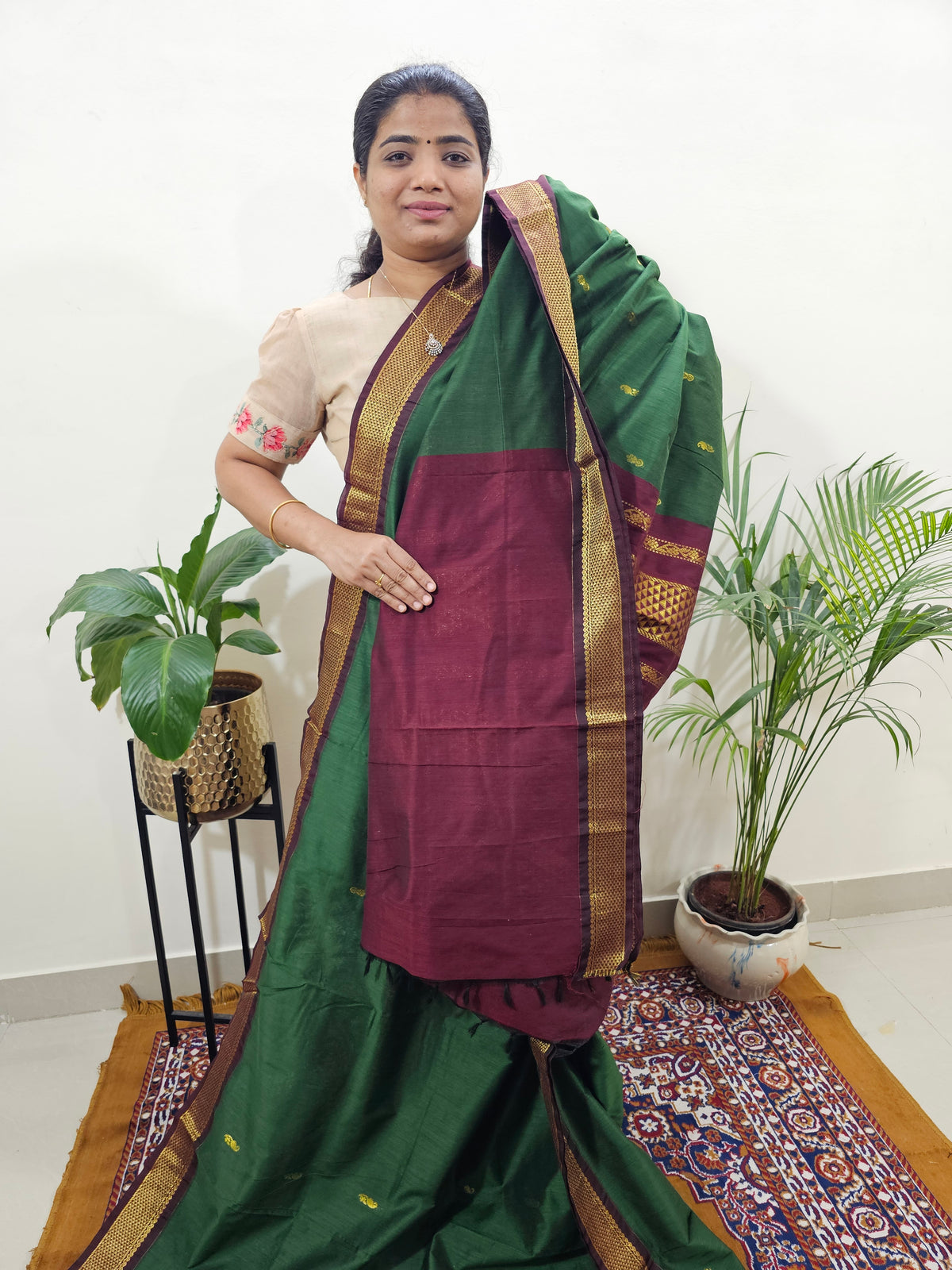 Kalayani Soft Cotton Saree with Borders - Dark Green with Maroon