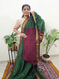 Kalayani Soft Cotton Saree with Borders - Dark Green with Maroon