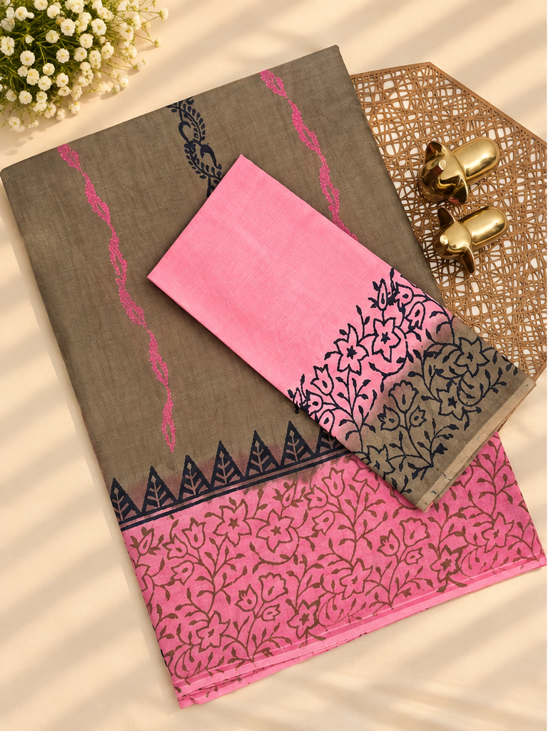 Pure Cotton with Hand Block  Prints - Dark Beige with Pink