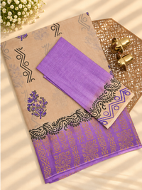 Pure Cotton with Hand Block  Prints - Cream with Lavender