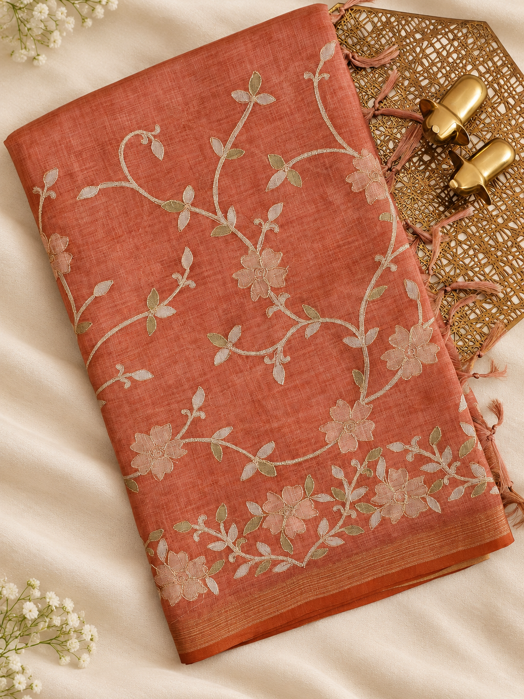 Linen Tissue with Aari Work - Smoky Blue - Rust Orange