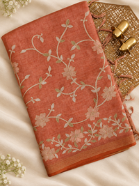 Linen Tissue with Aari Work - Smoky Blue - Rust Orange