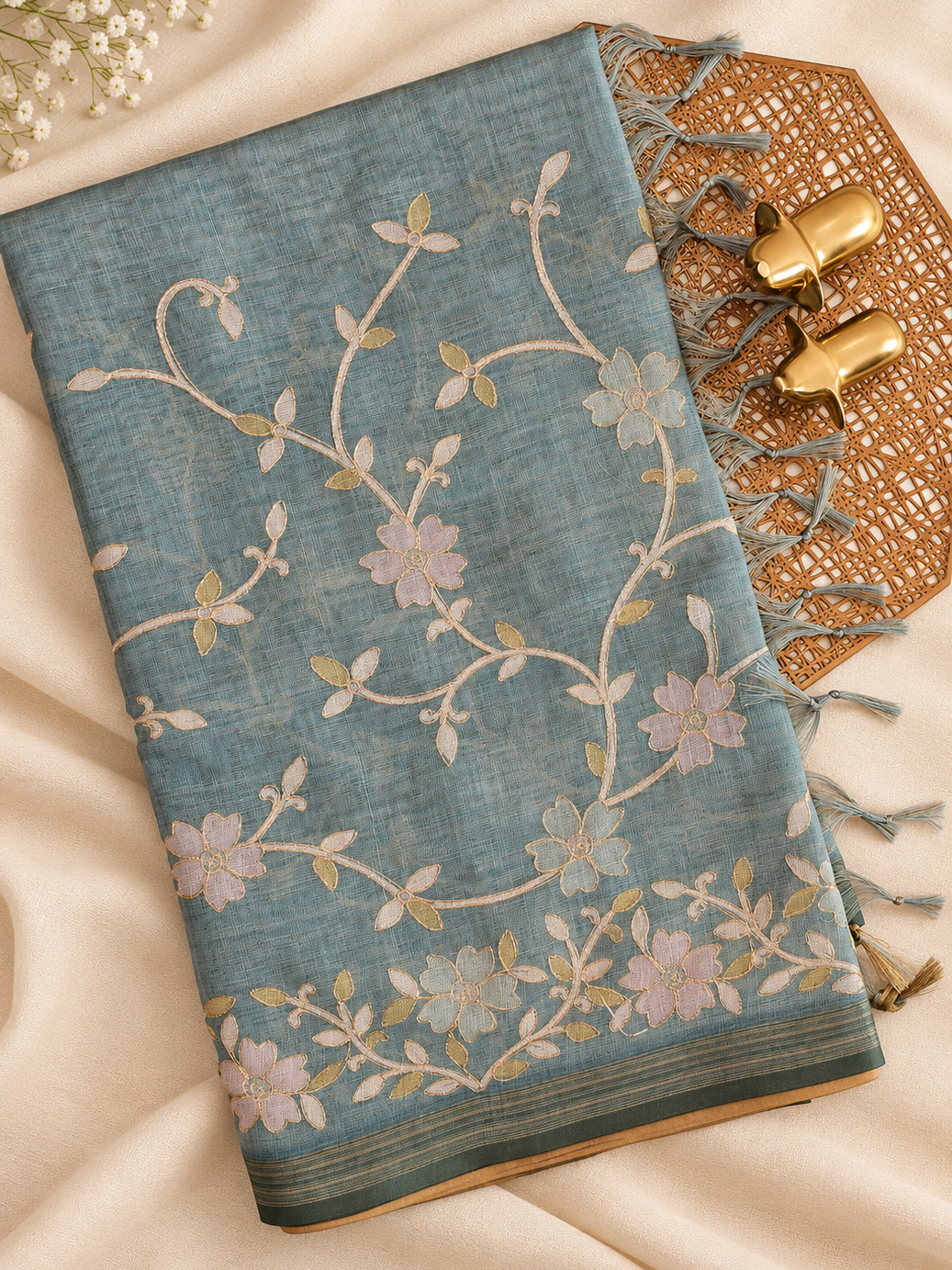 Linen Tissue with Aari Work - Smoky Blue - Blue