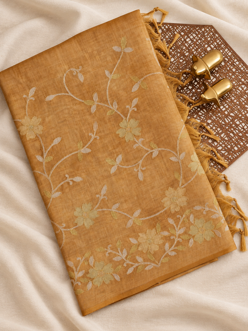 Linen Tissue with Aari Work - Smoky Blue - Musterd Yellow